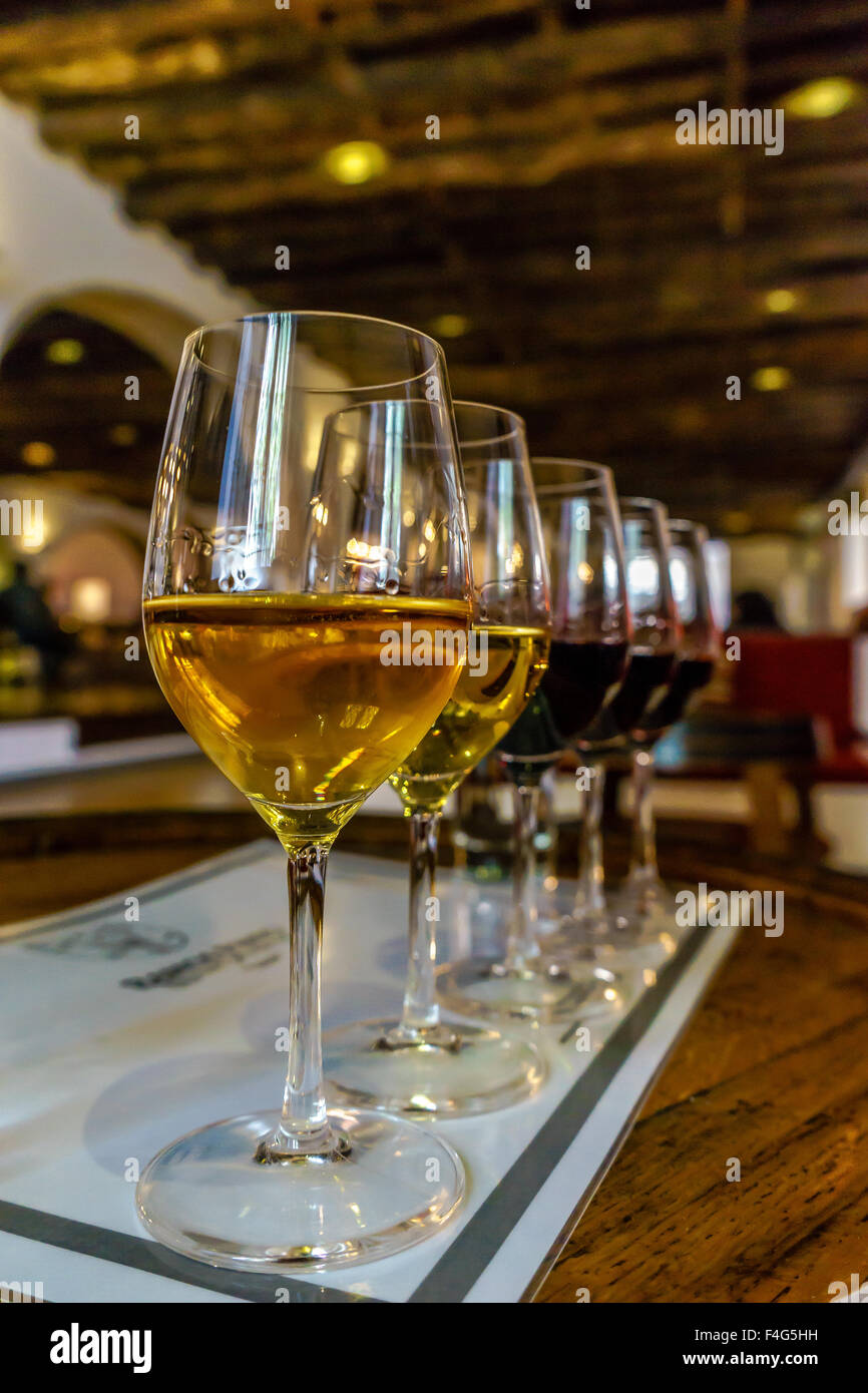 Port wine tasting display of five glasses. October, 2015. Porto, Portugal. Stock Photo