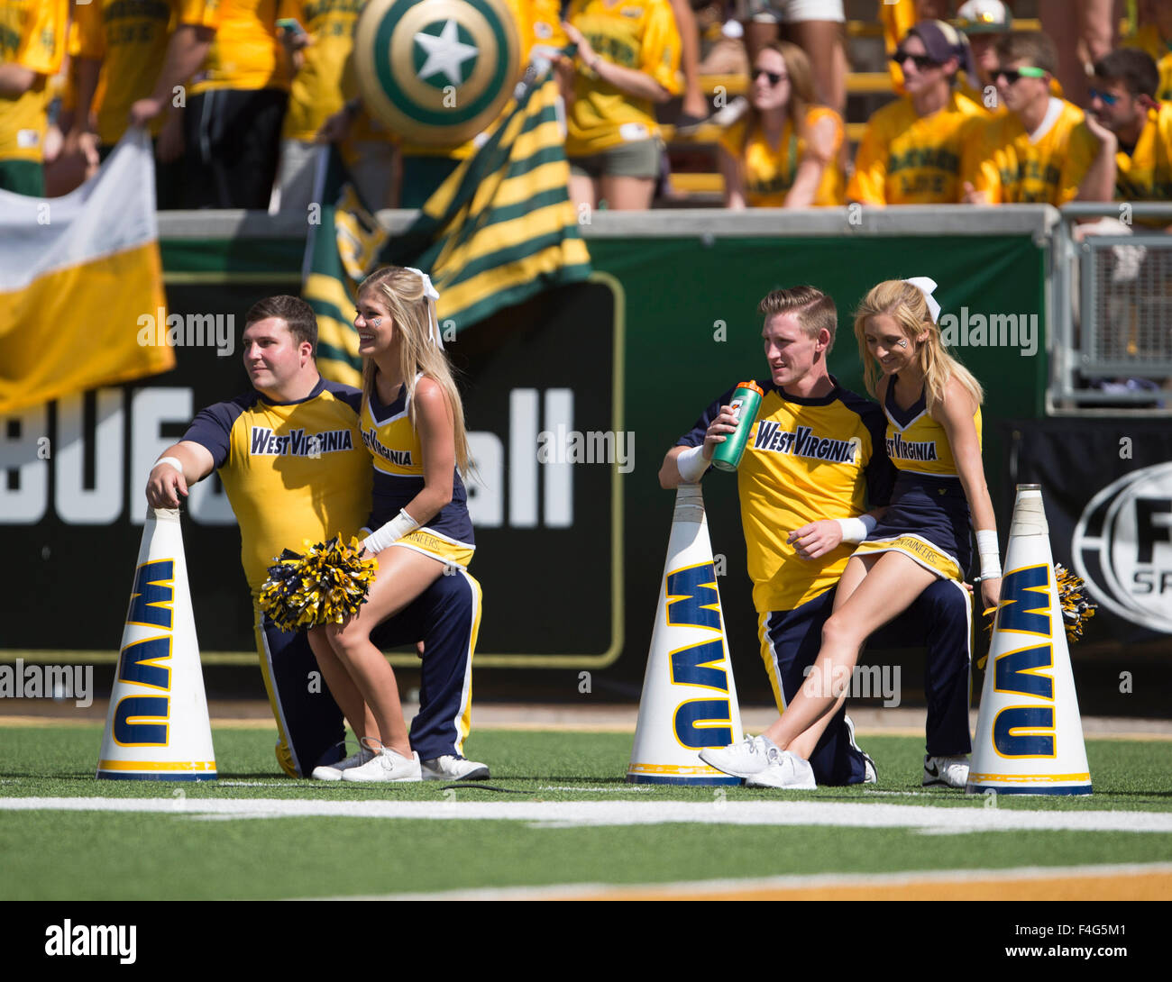 Waco, Texas, USA. 17th Oct, 2015. West Virginia Mountaineers cheerleaders during the NCAA football game between the West Virginia Mountaineers and Baylor Bears at McLane Stadium in Waco, Texas. JP Waldron/Cal Sport Media/Alamy Live News Stock Photo