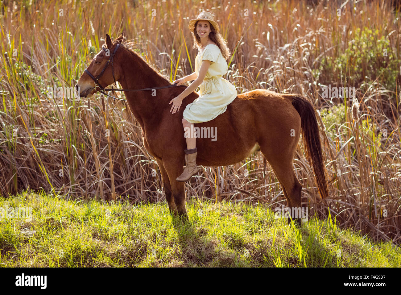 Young woman riding her horse Stock Photo