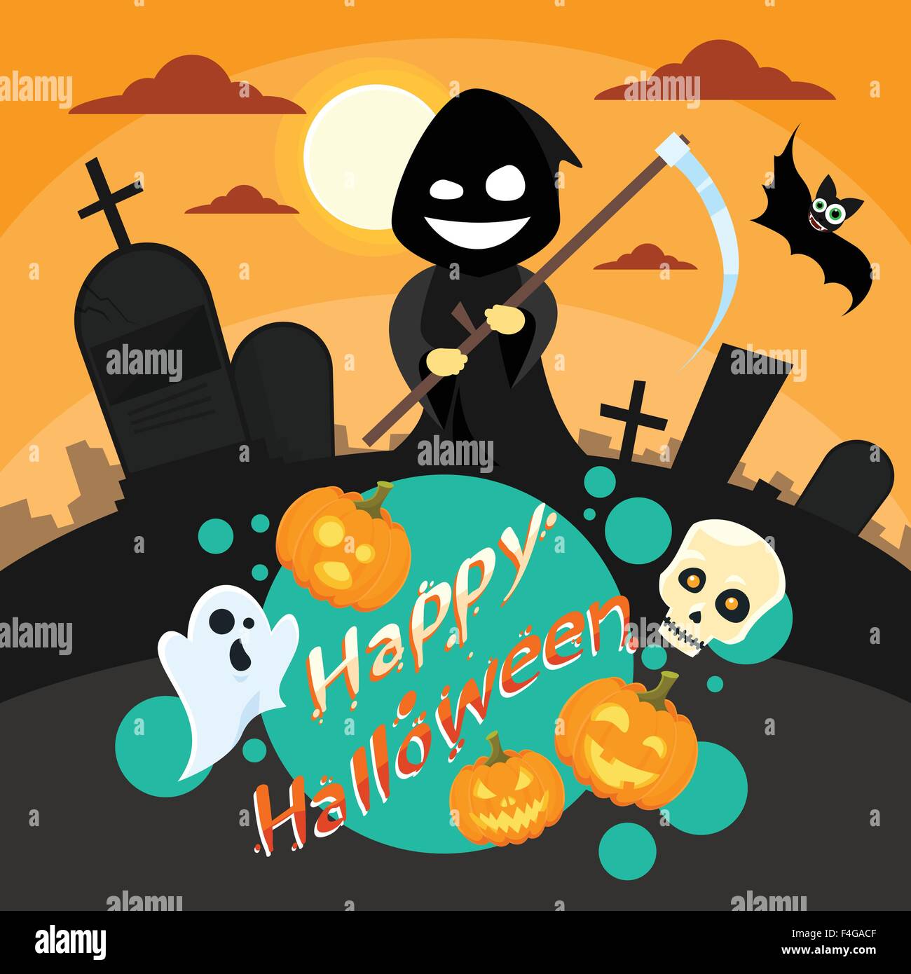 Halloween Cartoon Grim Reaper Smile Hold Scythe Banner Cemetery Graveyard Party Invitation Card Stock Vector