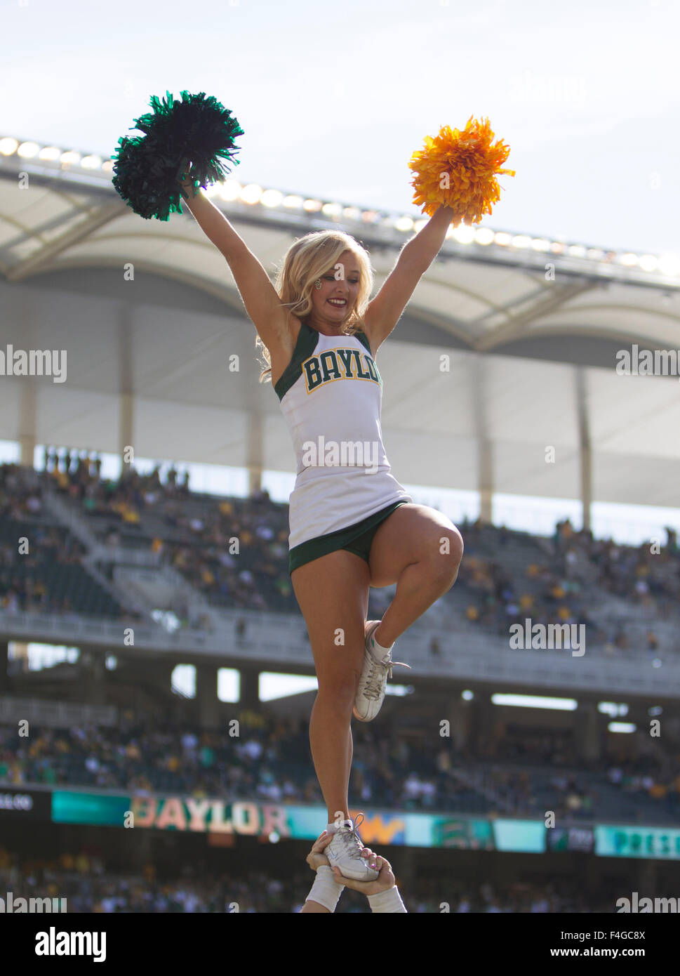 Waco, Texas, USA. 17th Oct, 2015. Baylor Bears cheerleader during the NCAA football game between the West Virginia Mountaineers and Baylor Bears at McLane Stadium in Waco, Texas. JP Waldron/Cal Sport Media/Alamy Live News Stock Photo