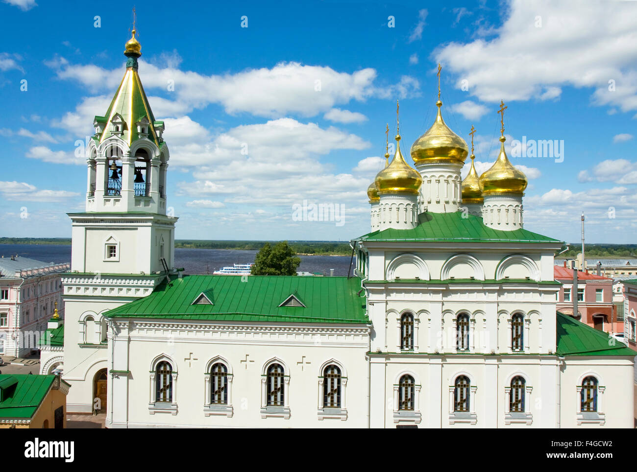 Town Nizhny Novgorod on bank of river Volga in Russia, orthodox church ...