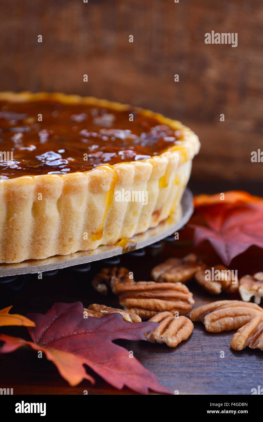 Happy Thanksgiving Traditional Pecan Pie On Vintage Dark Wood Table Stock Photo Alamy