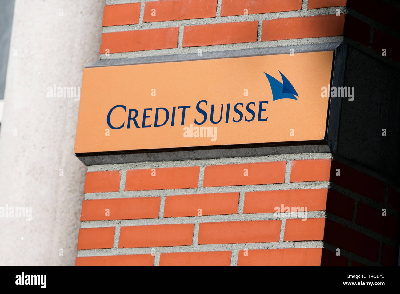 A logo sign outside of an office building occupied by Credit Suisse in Amsterdam, Netherlands on October 2, 2015. Stock Photo