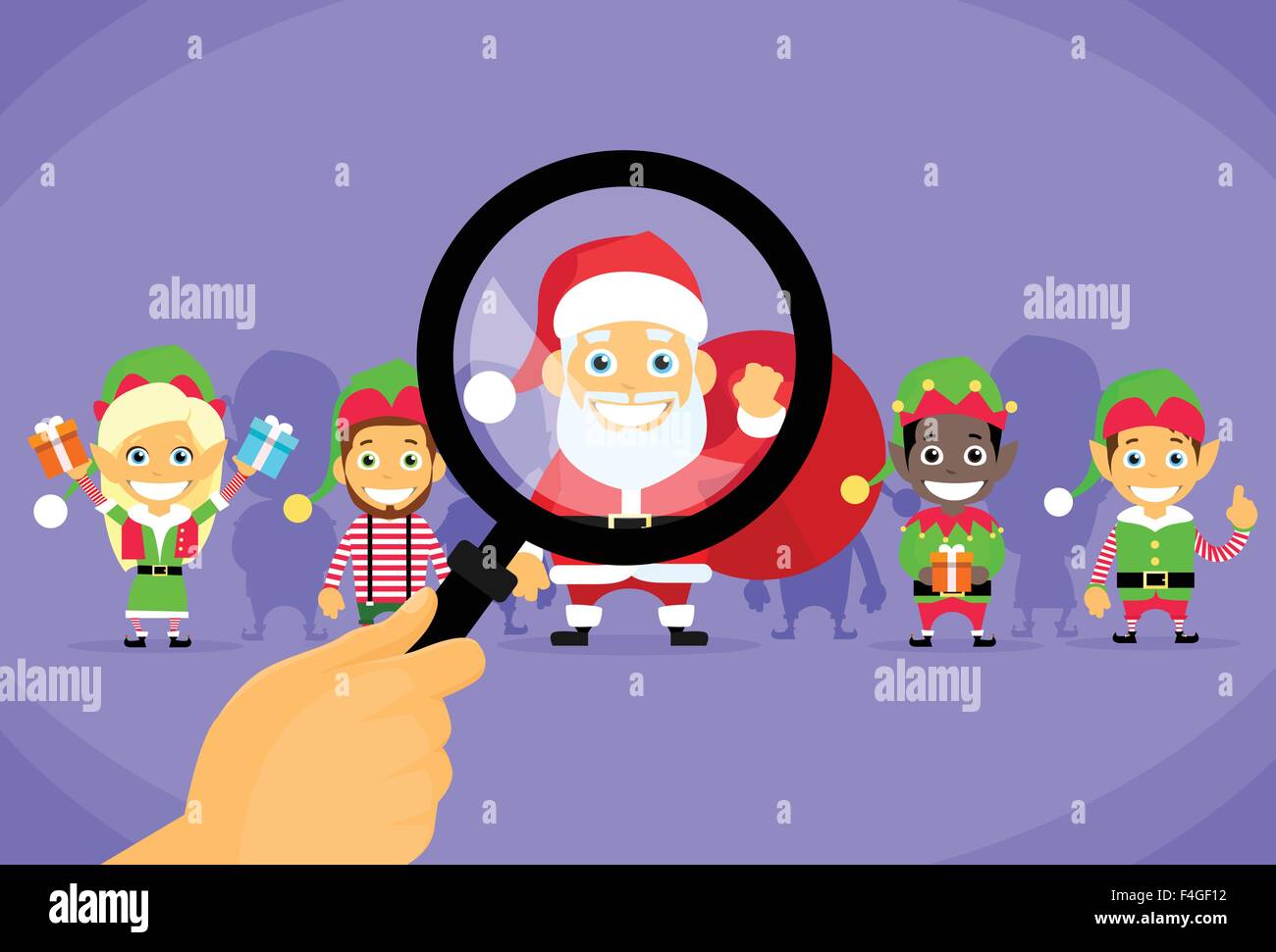Santa Clause Christmas Elf Magnifying Glass Concept Cartoon Character