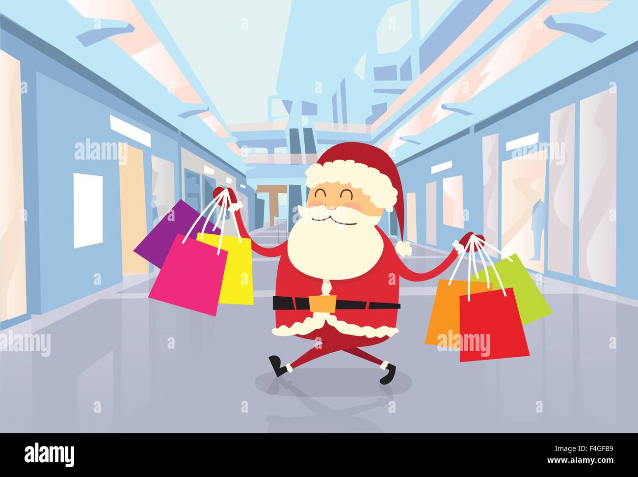 Santa Claus Happy Shopping Walking with Bags in Shop Mall Center