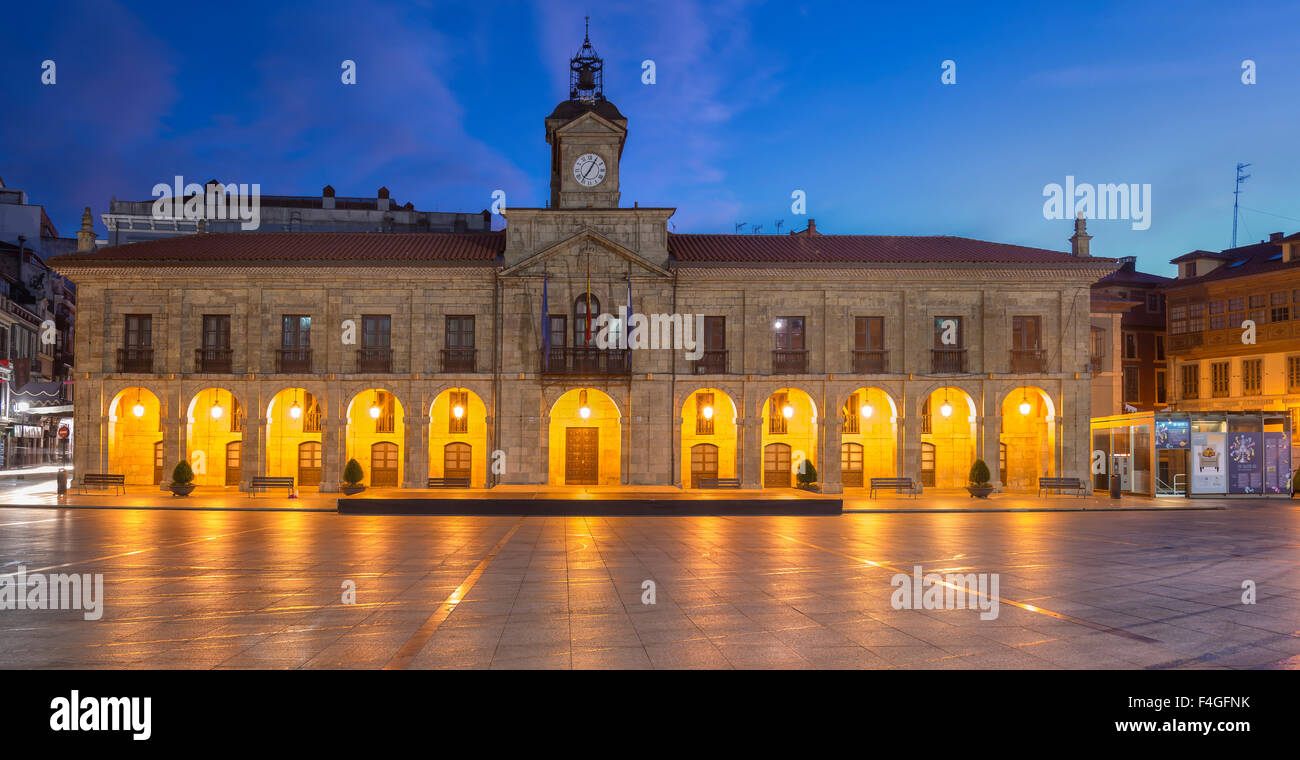 Panoramic view of Plaza de Espana of Aviles, with the Cityhall building in the center. Asturias, Spain. Stock Photo