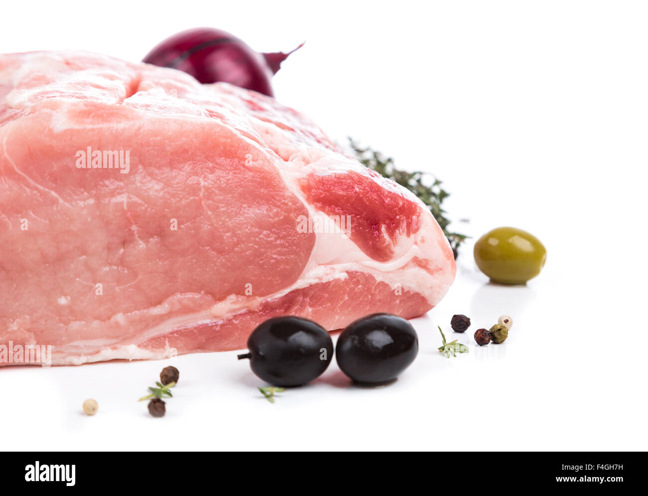piece raw meat from on side on white background. for advertising, banner or print Stock Photo