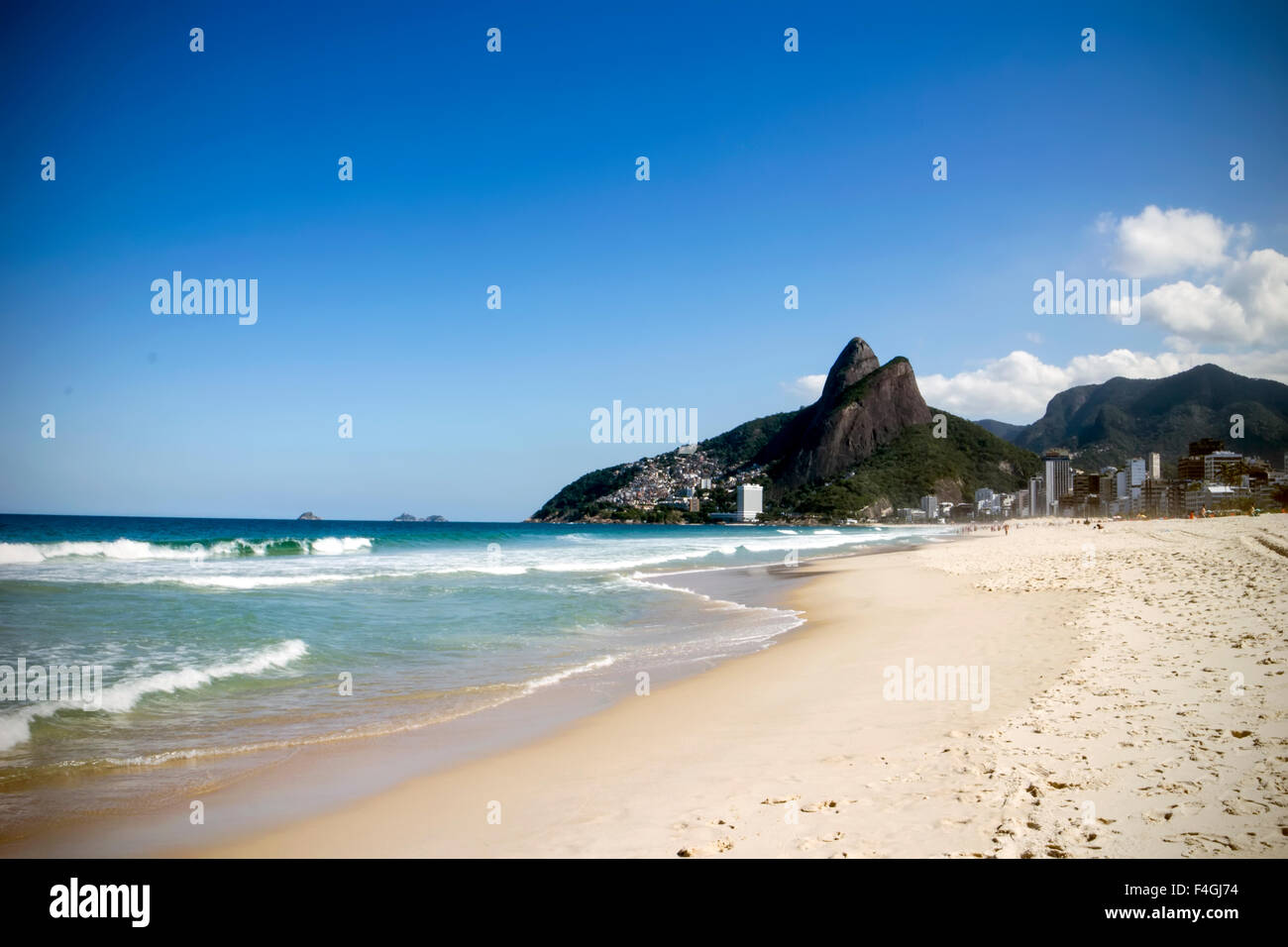 View of Dois Irmaos Mountains and Empty Ipanema Beach - Rio de Janeiro, Brazil Stock Photo