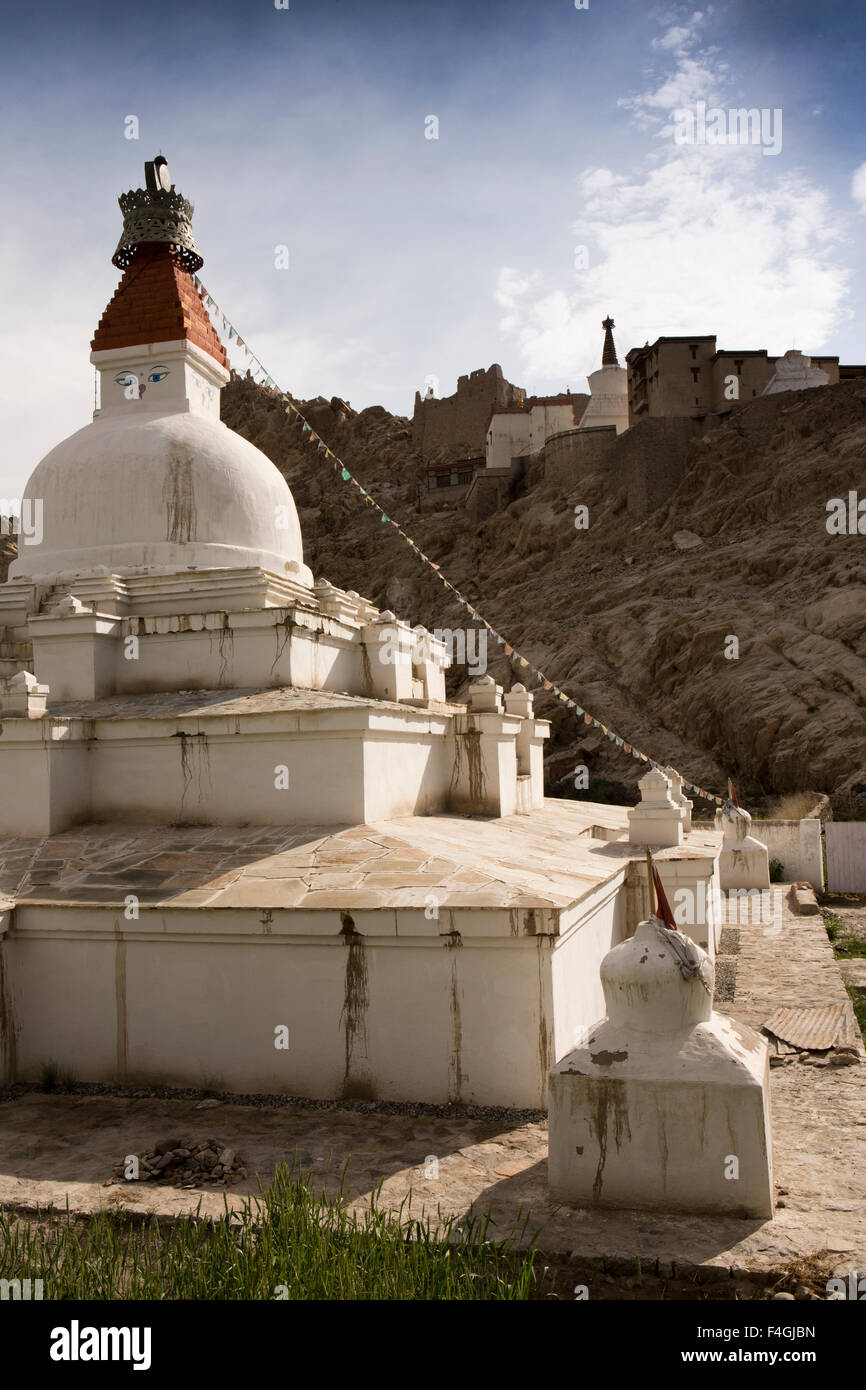 India, Jammu & Kashmir, Ladakh, Shey, pagoda with all seeing eye below palace complex Stock Photo