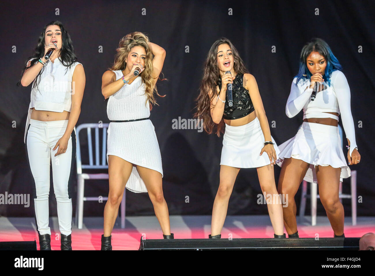 Music Artist FIFTH HARMONY performs at the White Oak Amphitheater in North Carolina.   Fifth Harmony is an American girl group formed on the second season of The X Factor. The group consists of members Ally Brooke Hernandez, Normani Hamilton, Dinah Jane Hansen, Camila Cabello, and Lauren Jauregui. Stock Photo