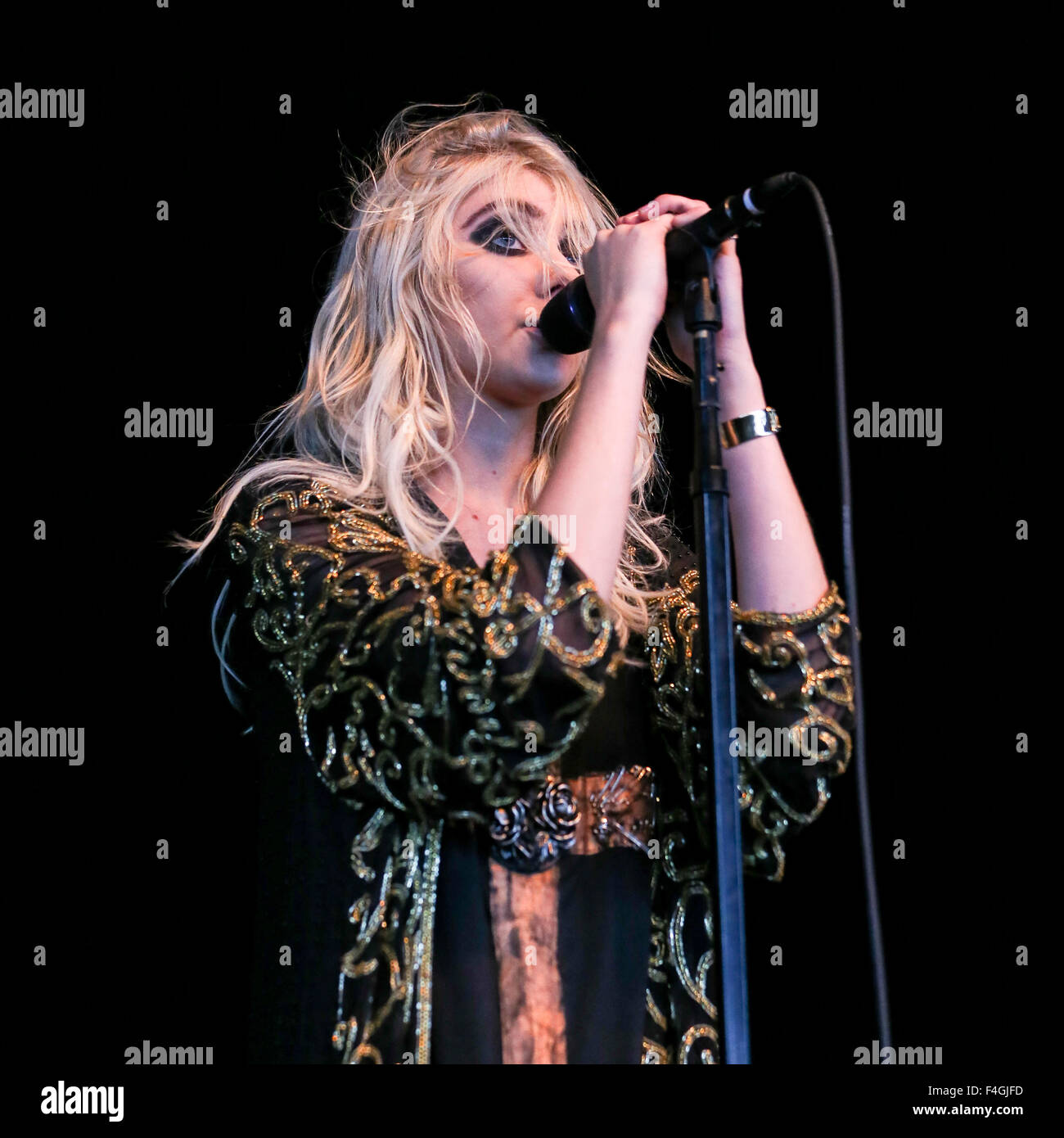 The Pretty Reckless performs live on tour.   The Pretty Reckless is an American rock band from New York City. The current members are Taylor Momsen (lead vocals, rhythm guitar), Ben Phillips (lead guitar, backing vocals), Mark Damon (bass) and Jamie Perkins (drums). Stock Photo
