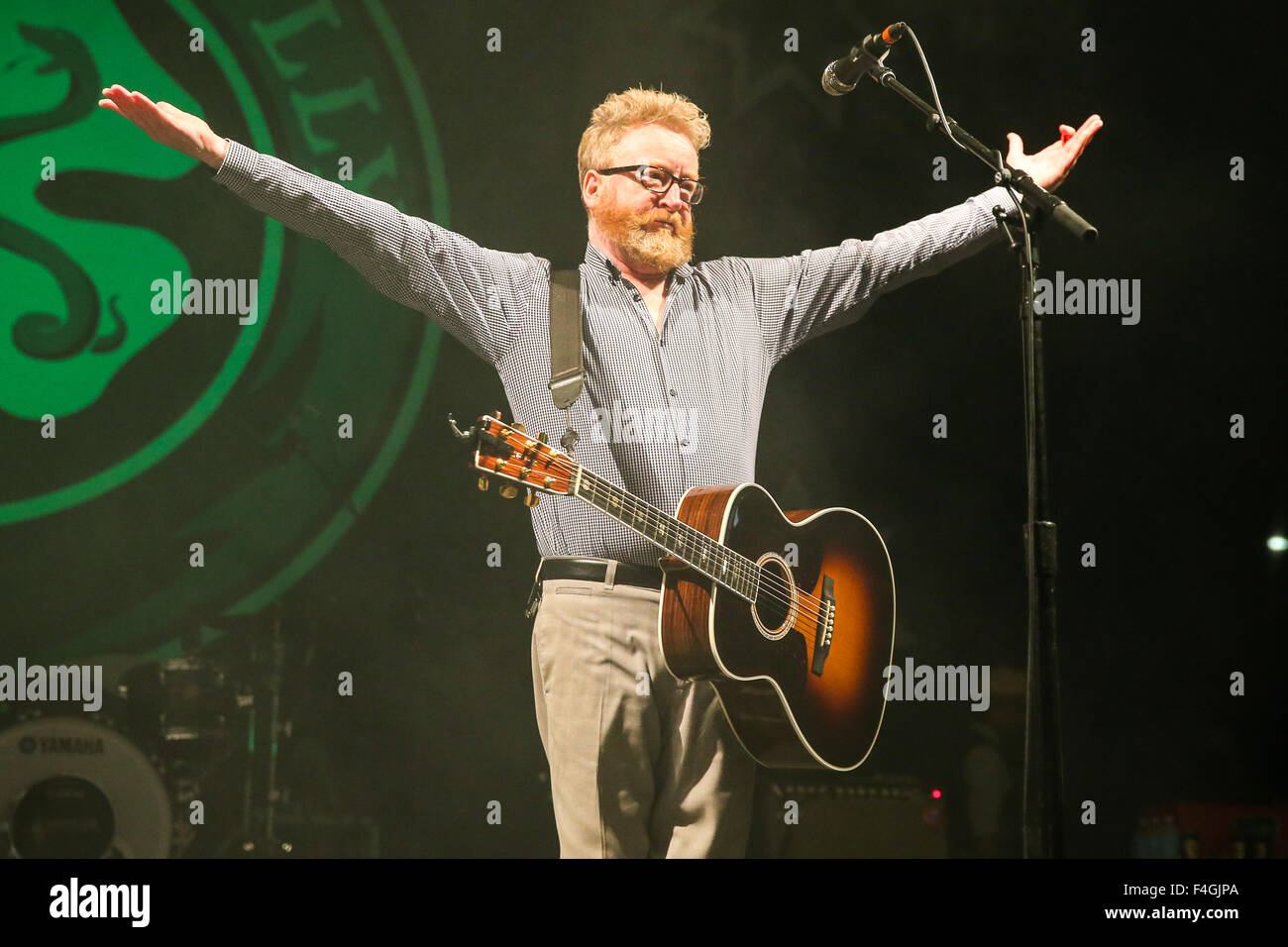 Music Artist FLOGGING MOLLY performs at the Red Hat Amphitheater in North Carolina.  Flogging Molly is an American seven-piece Irish punk band from Los Angeles, California led by Irish vocalist Dave King, known for his work with Fastway. They are signed to their own record label, Borstal Beat Records. Stock Photo