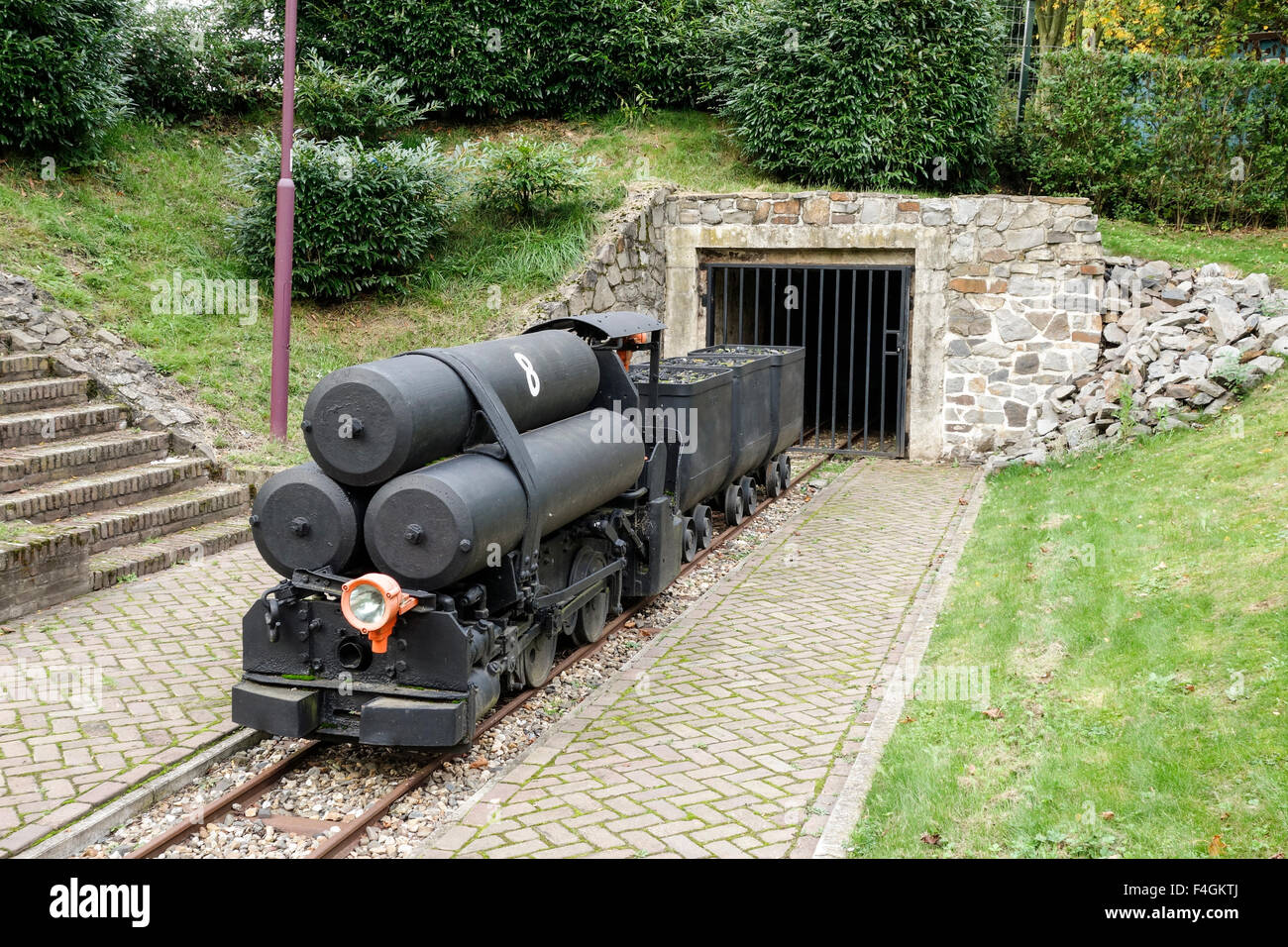 Compressed-air mine locomotive for transport of Coal out of mine, Terwinselen, Limburg, Netherlands. Stock Photo