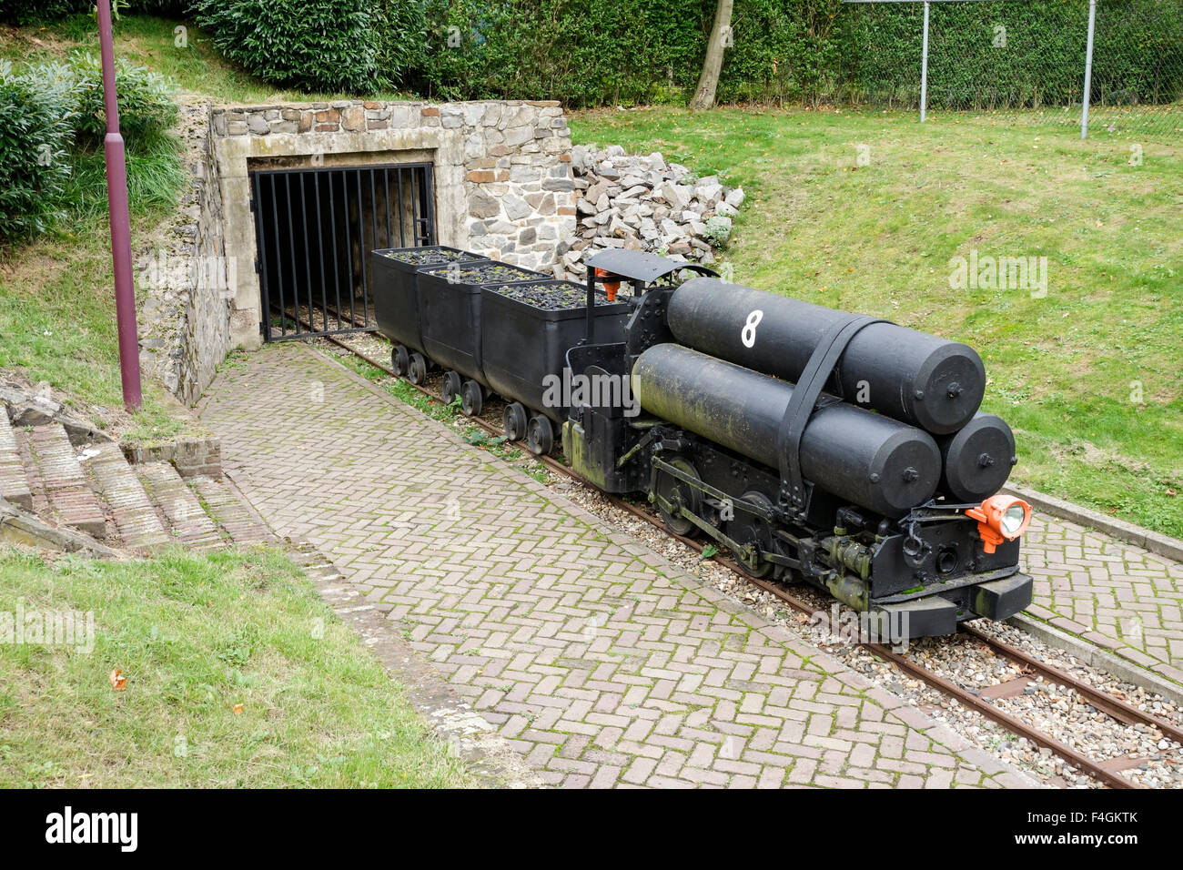 Compressed-air mine locomotive for transport of Coal out of mine, Terwinselen, Limburg, Netherlands. Stock Photo