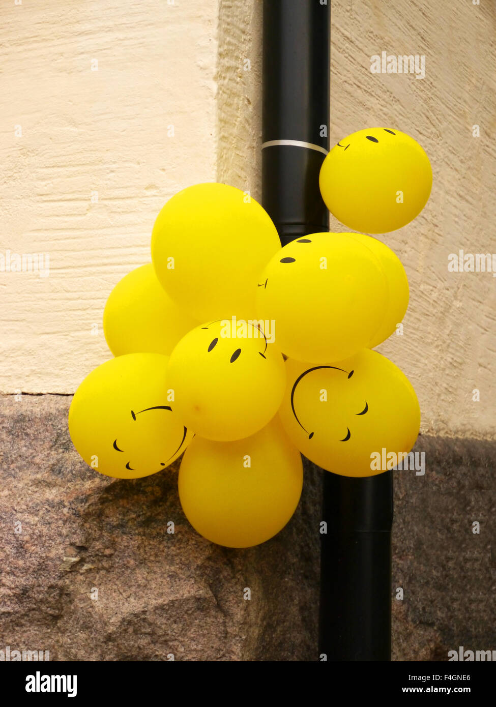 A bunch of yellow balloons with happy faces tied to a drainpipe in Tallinn, Estonia Stock Photo