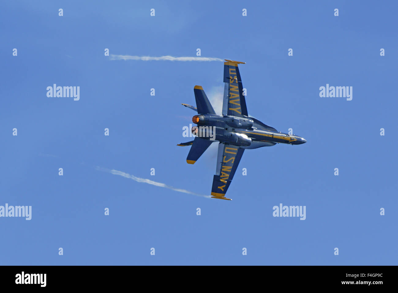 Airplane Blue Angels Navy F-18 Hornet jet fighter flying at 2015 Miramar Air Show in San Diego, California Stock Photo