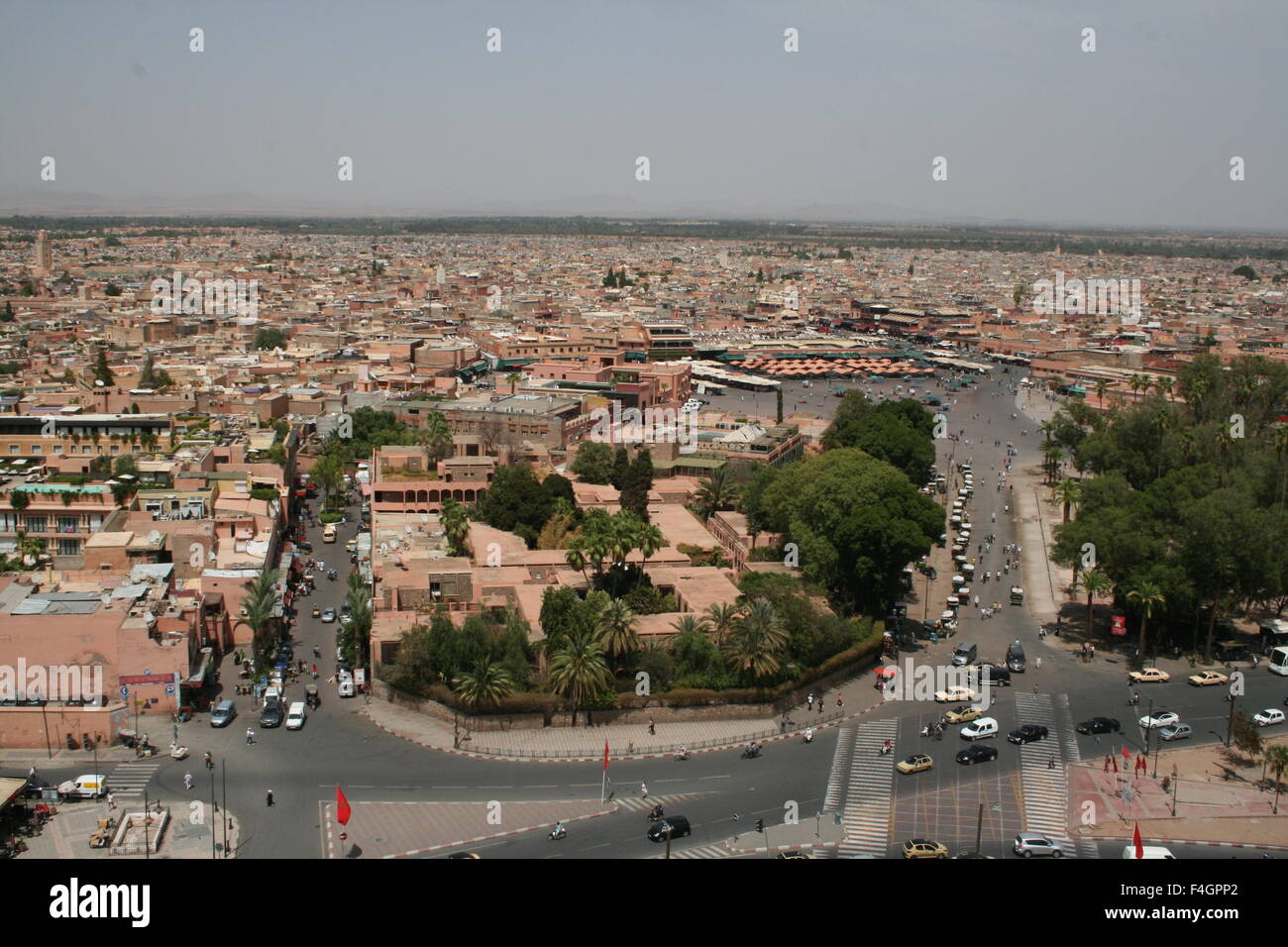 City view of Marrakech, Morocco, Aerial view of Marrakesh skyline from top up Koutoubia mosque minaret Stock Photo