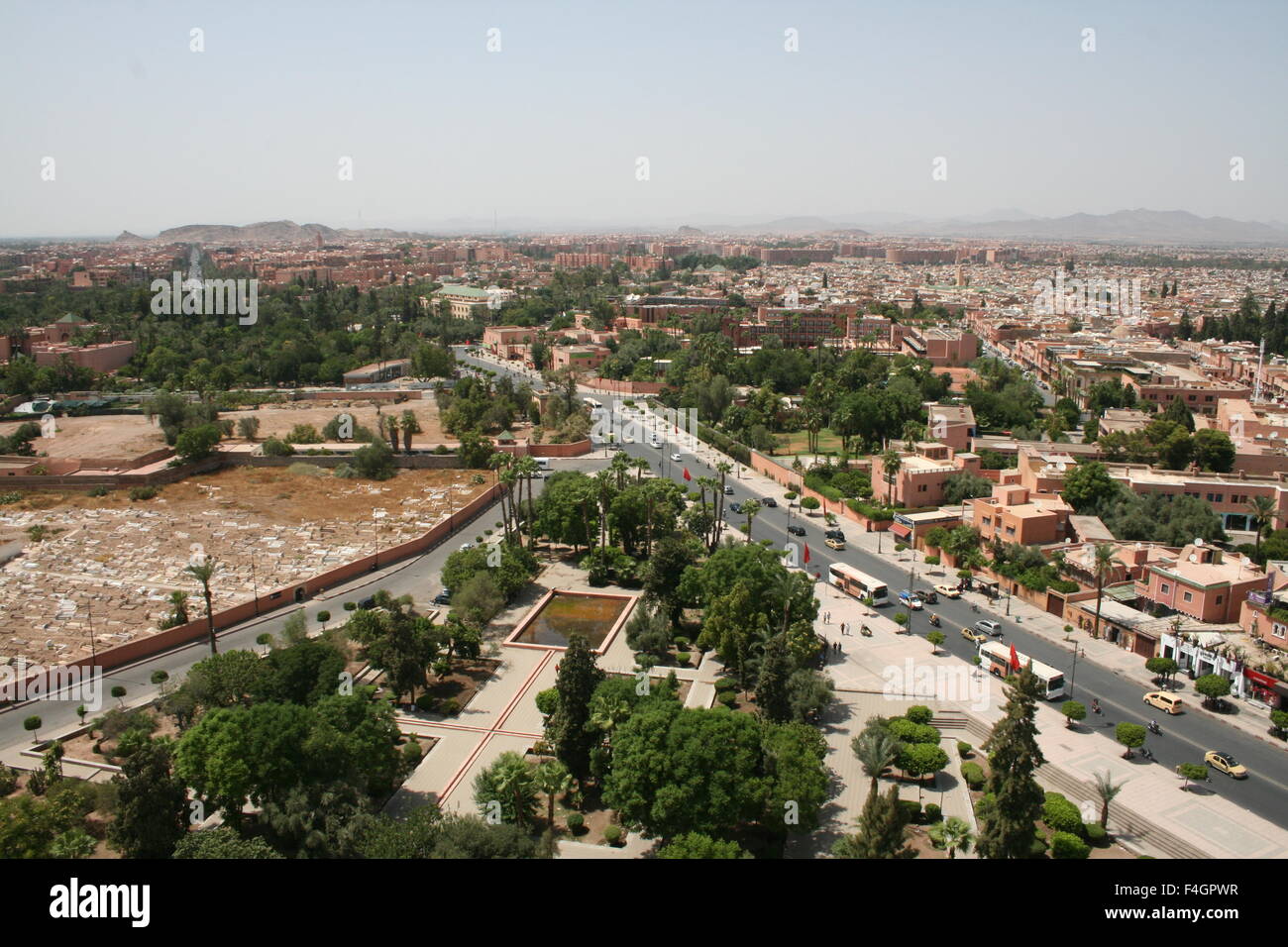 City view of Marrakech, Morocco, Aerial view of Marrakesh skyline from top up Koutoubia mosque minaret Stock Photo