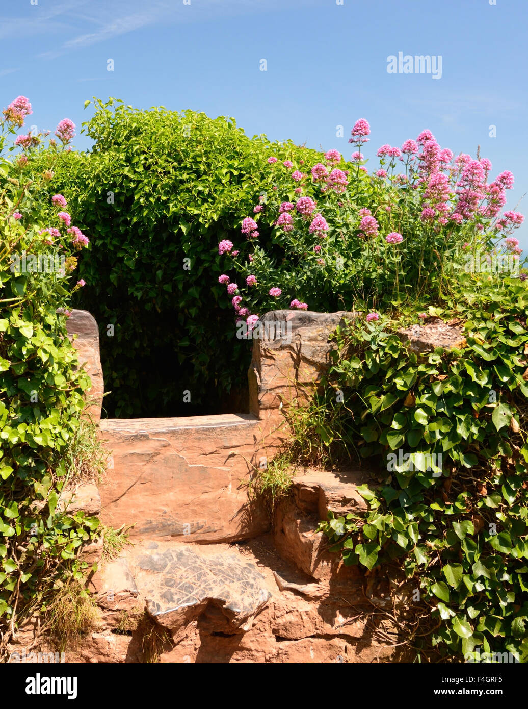Wall stile on the SouthWest Coast Path, overlooking the sea Stock