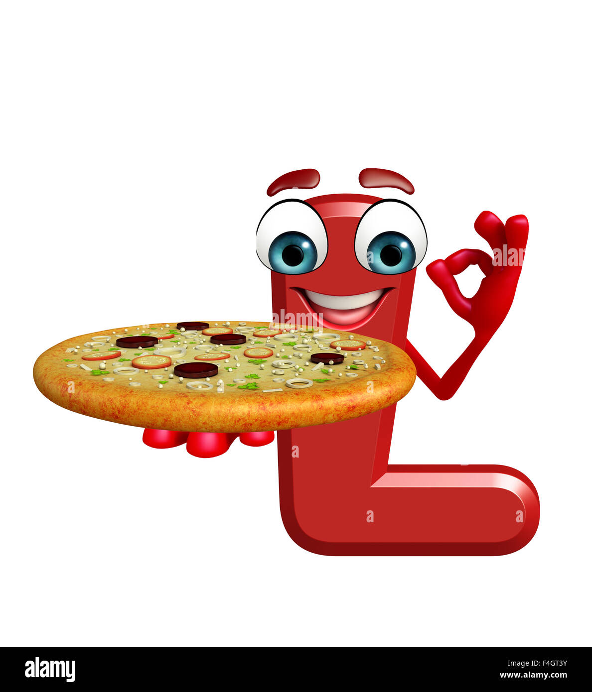 3d rendered illustration of  alphabet L Cartoon Character with pizza Stock Photo
