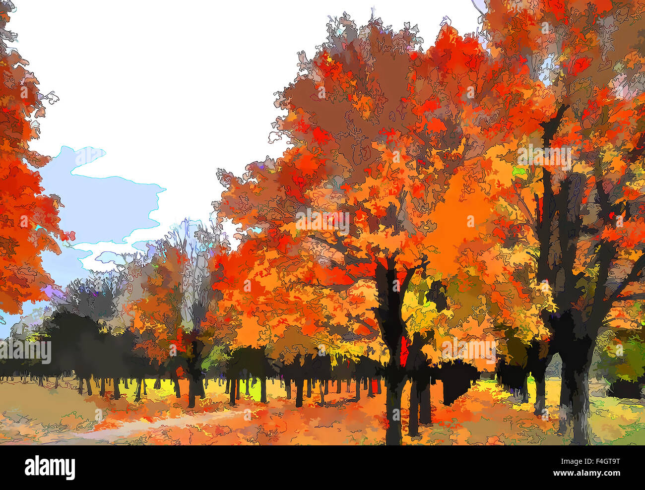 Art autumn landscape as oil painting. Grunge picture showing trees