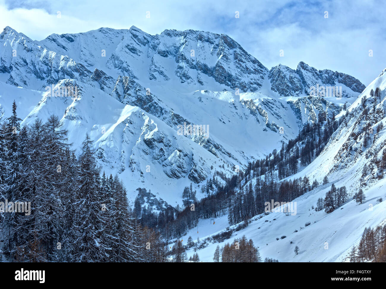 Winter snowy peaceful Samnaun Alps landscape (Swiss). Stock Photo