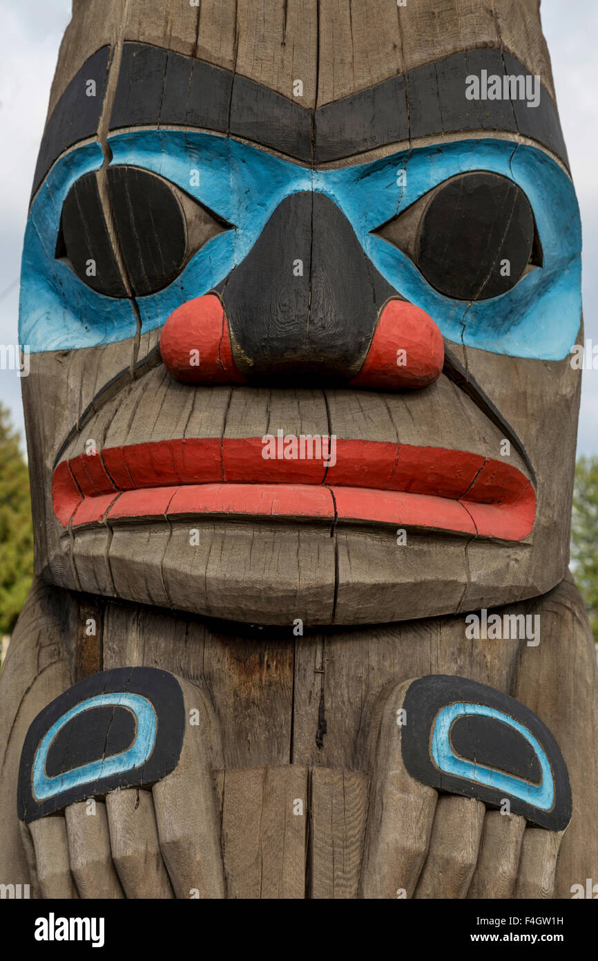 Totem, called ''Chief's Pole''. The upper part representing a human child, in Duncan, Vancouver Island, British Columbia, Canada Stock Photo
