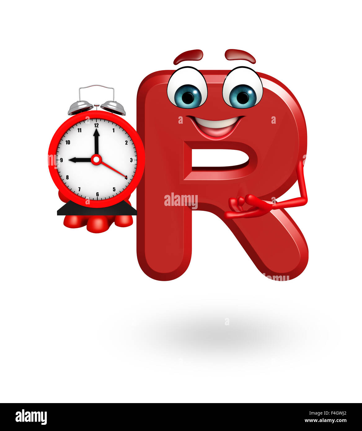 3d rendered illustration of alphabet R Cartoon Character with clock ...