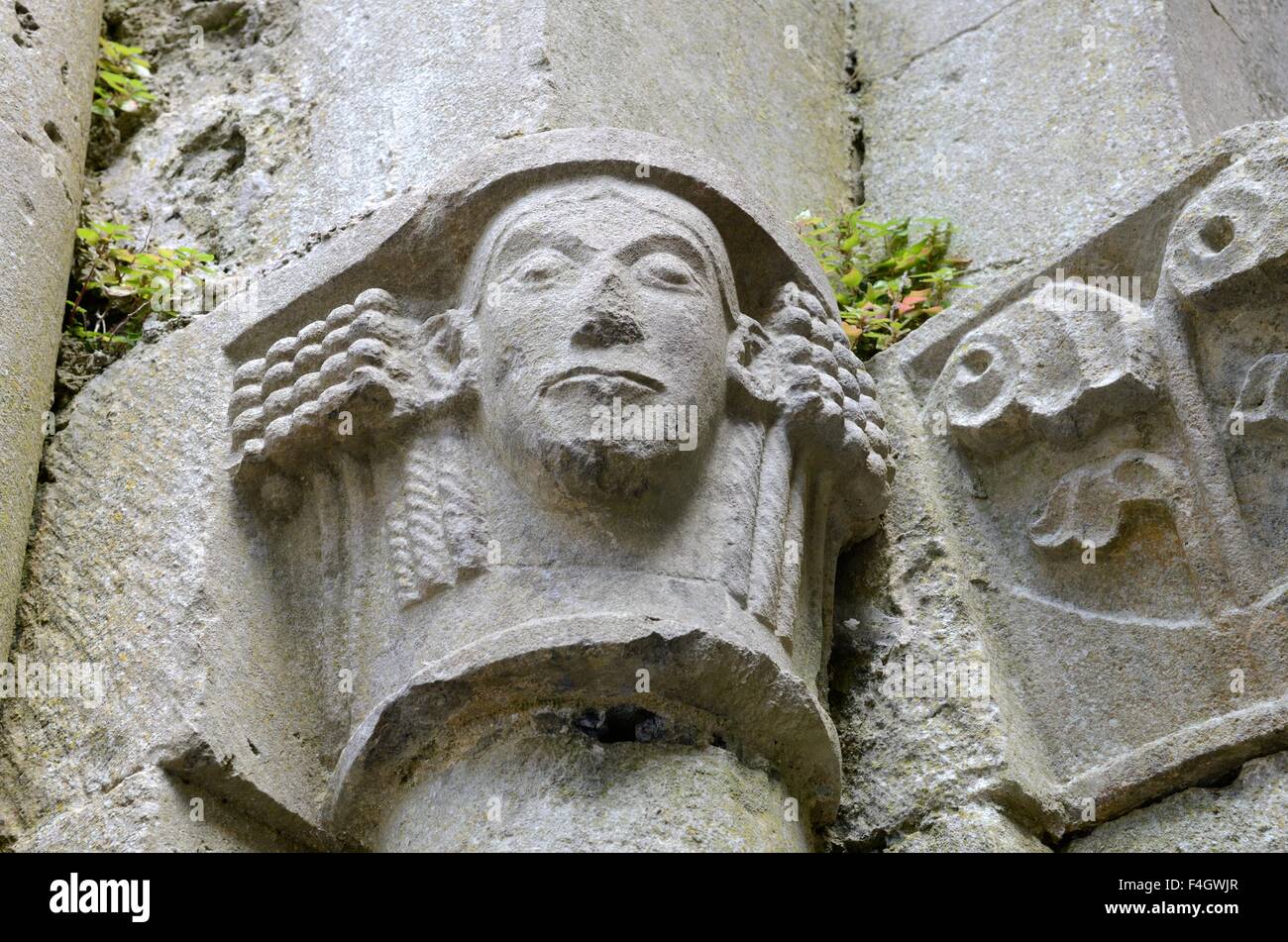 Carved stone capital and flowers Corcomroe Abbey The Burren County Clare Ireland Stock Photo