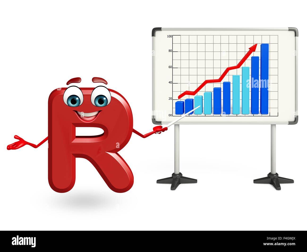 3d rendered illustration of cartoon character of R with business graph ...