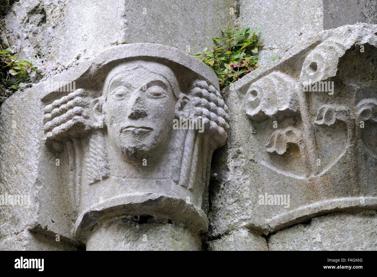 Carved stone capital and flowers Corcomroe Abbey The Burren County Clare Ireland Stock Photo