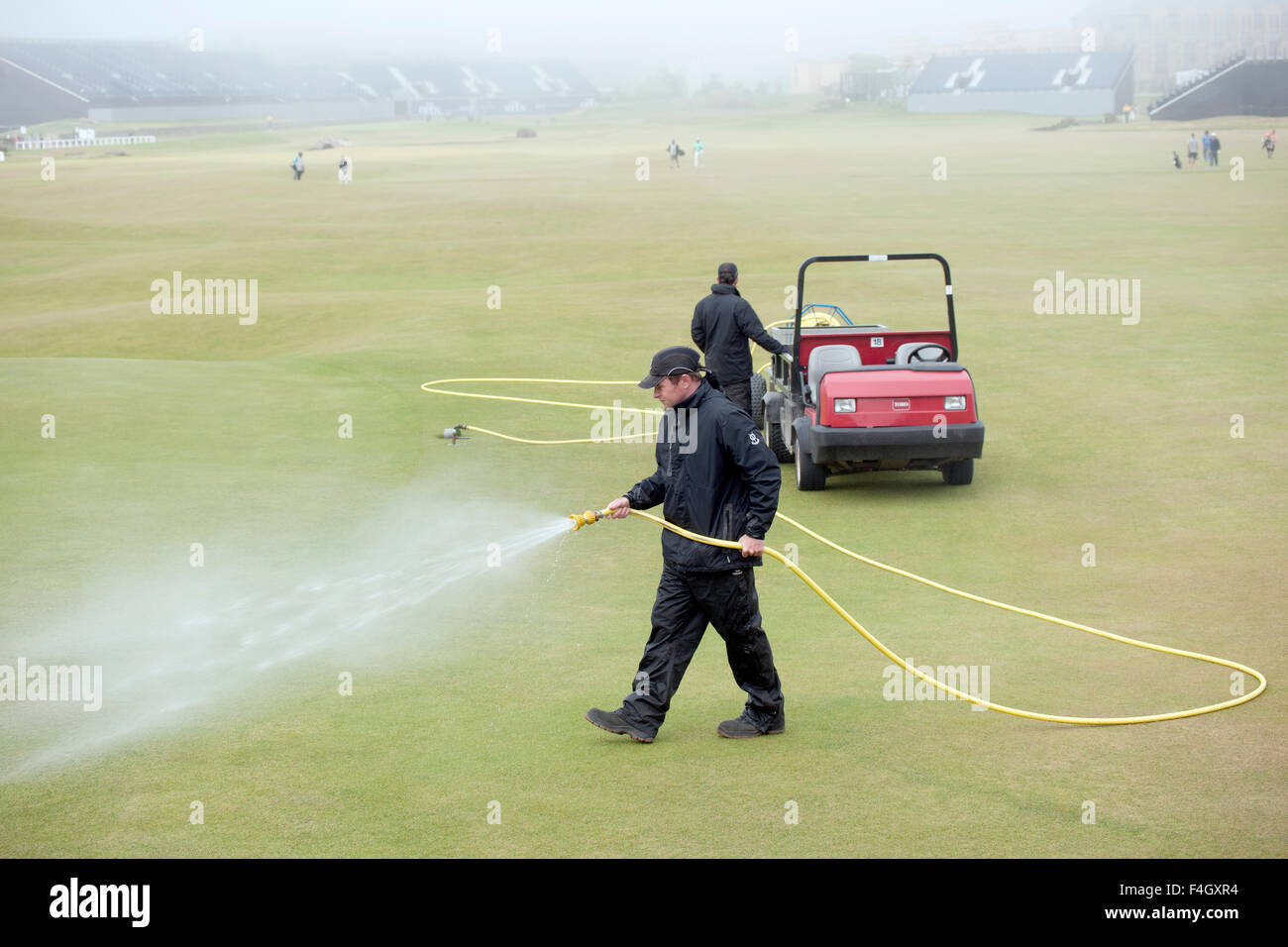 Watering the greens at St Andrews Golf Club, St Andrews, Fife, Scotland