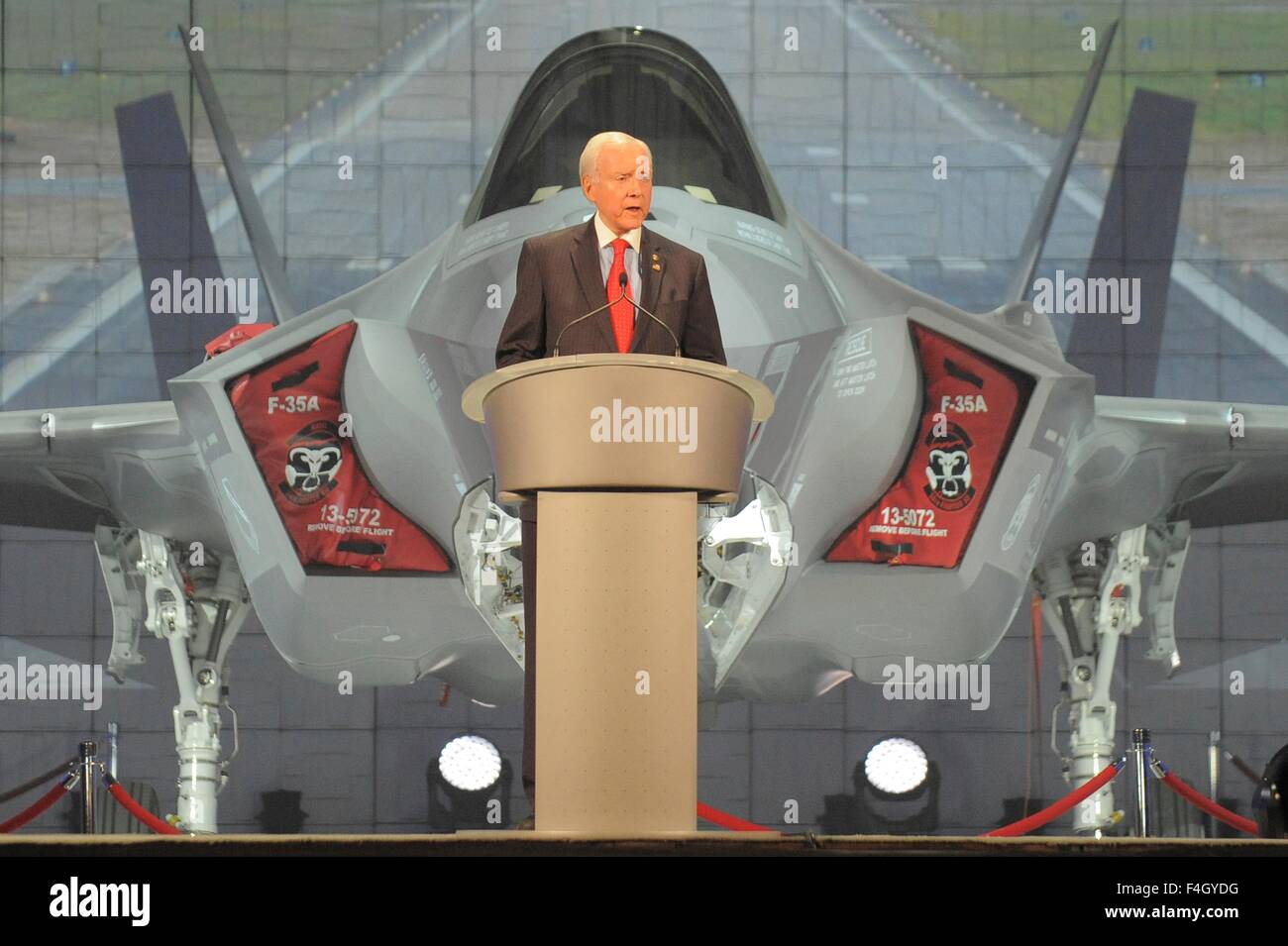 Utah Senator Orrin Hatch speaks at the F-35 Lightening II fighter aircraft unveiling ceremony at Hill Air Force Base October 14, 2015 in Ogden, Utah. The base is the home of the 34th Fighter Squadron which is the first operational Air Force unit to fly combat-coded F-35 fighters. Stock Photo