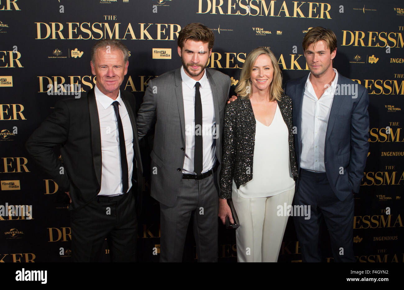 Liam Hemsworth & Chris Hemsworth with parents Craig and Leonie at the Dressmaker premiere in Melbourne, October 18, 2015. Stock Photo