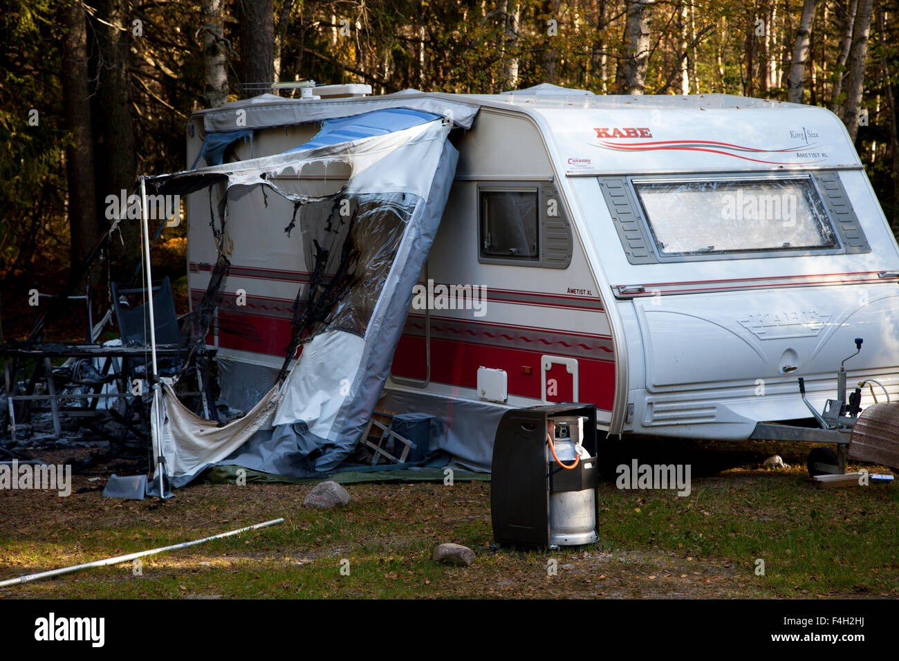 Caravan where gas stove exploded Stock Photo Alamy