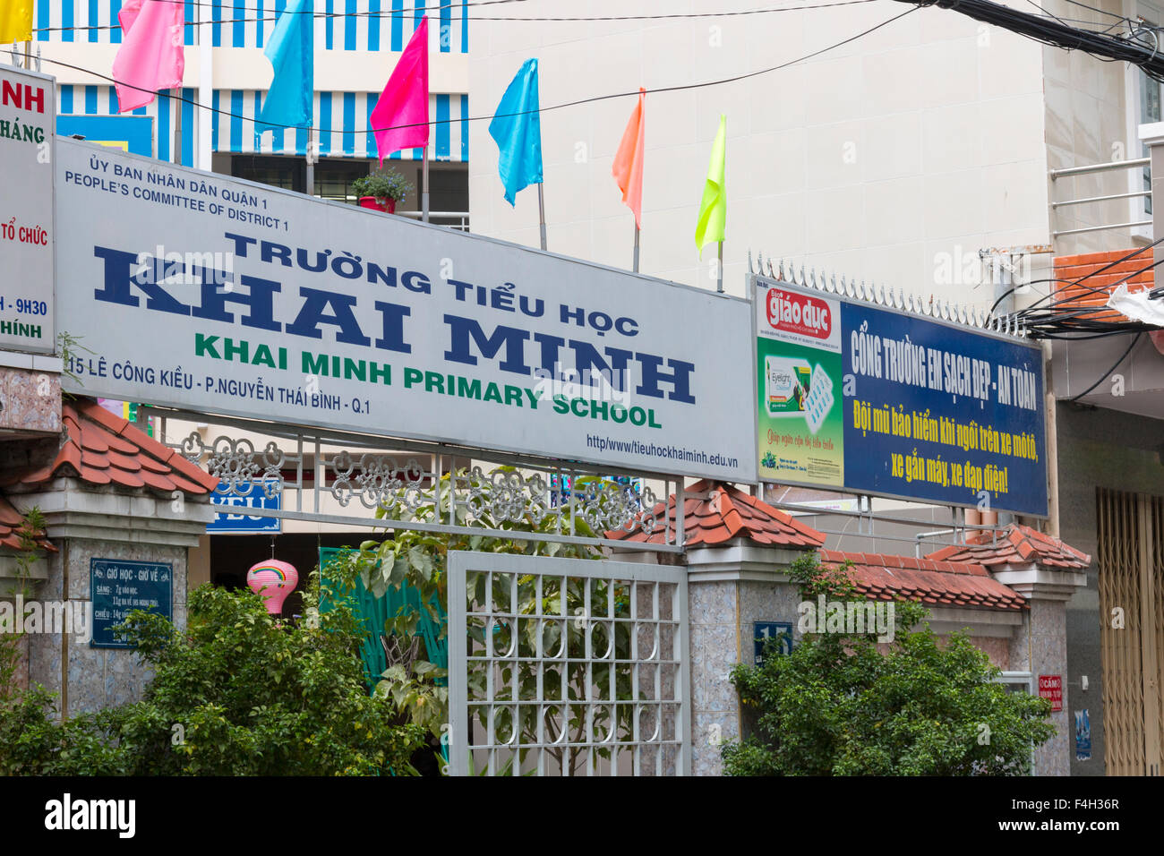 Vietnamese primary school building sign and entrance, in Ho Chi Minh