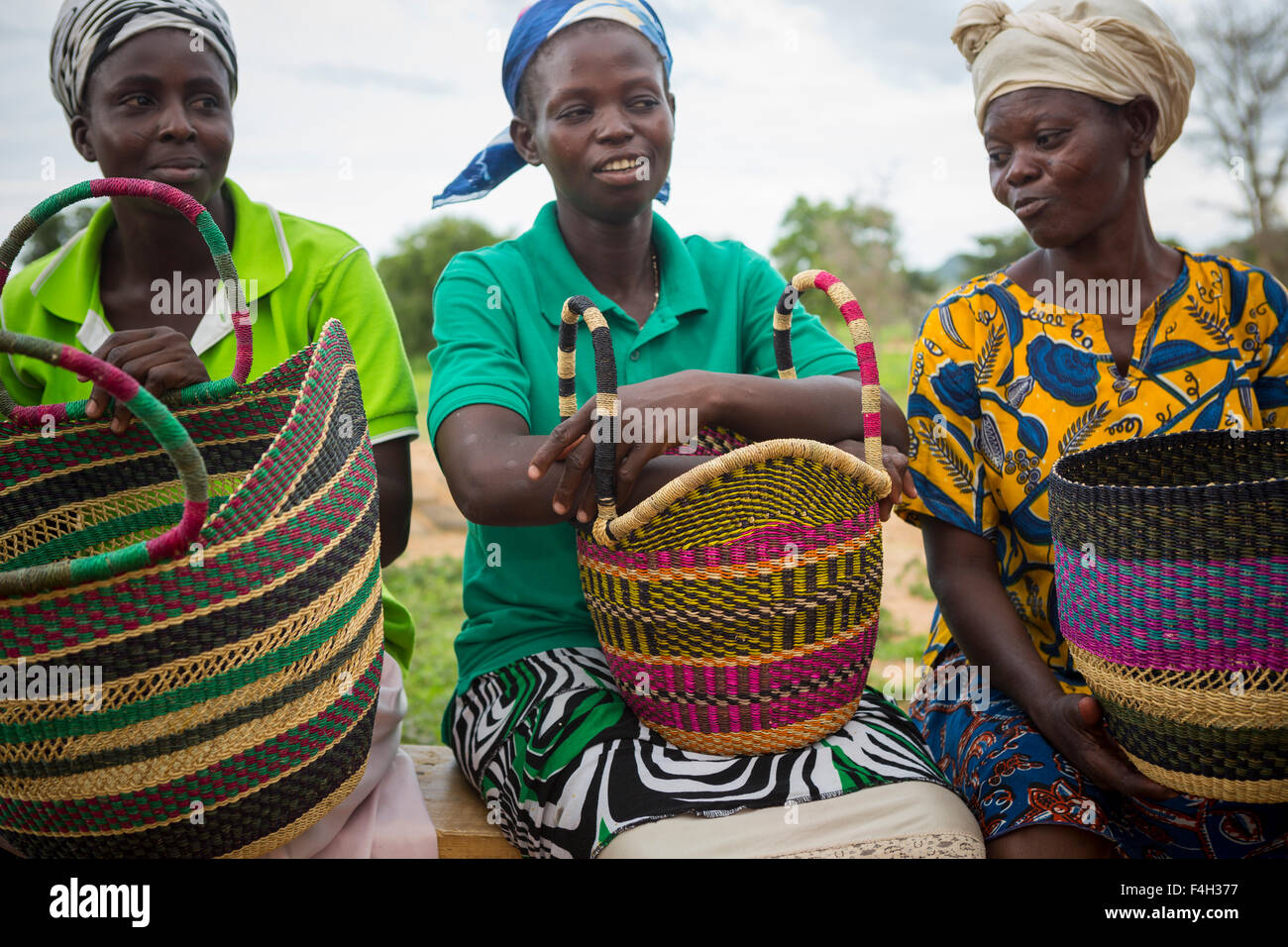 Fair trade, ornate straw baskets are woven by the women of Asungtaaba Basket Weavers Group in Bolgatanga District, Ghana. Stock Photo