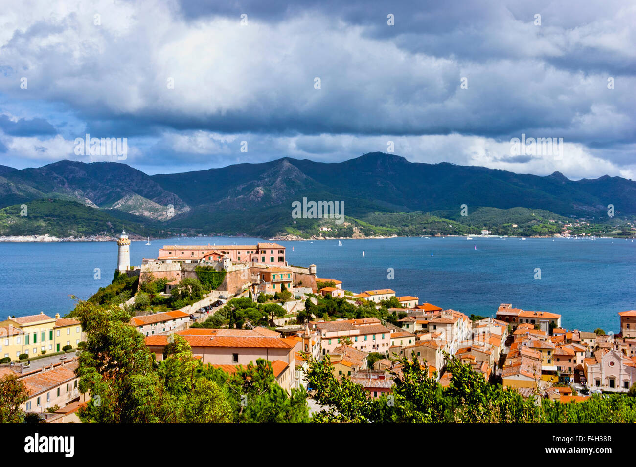 Panorama of the Forte Stella and the Lighthouse in Portoferraio town, city of tourism and culture of the Island of Elba Stock Photo