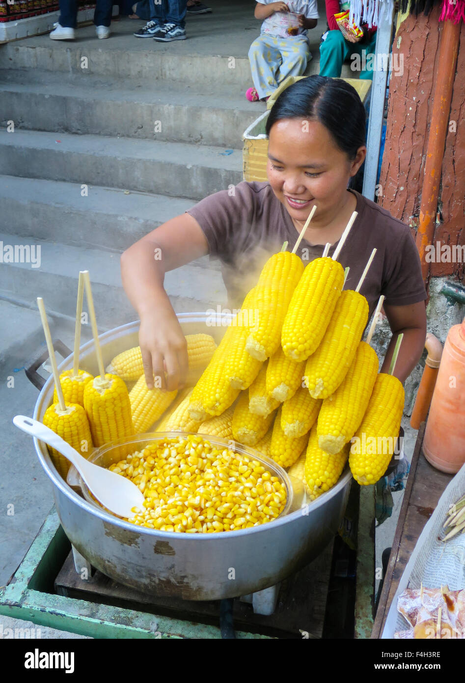 Steamed corn and other street foods are available at Mines View Park in Baguio, Philippines. Stock Photo