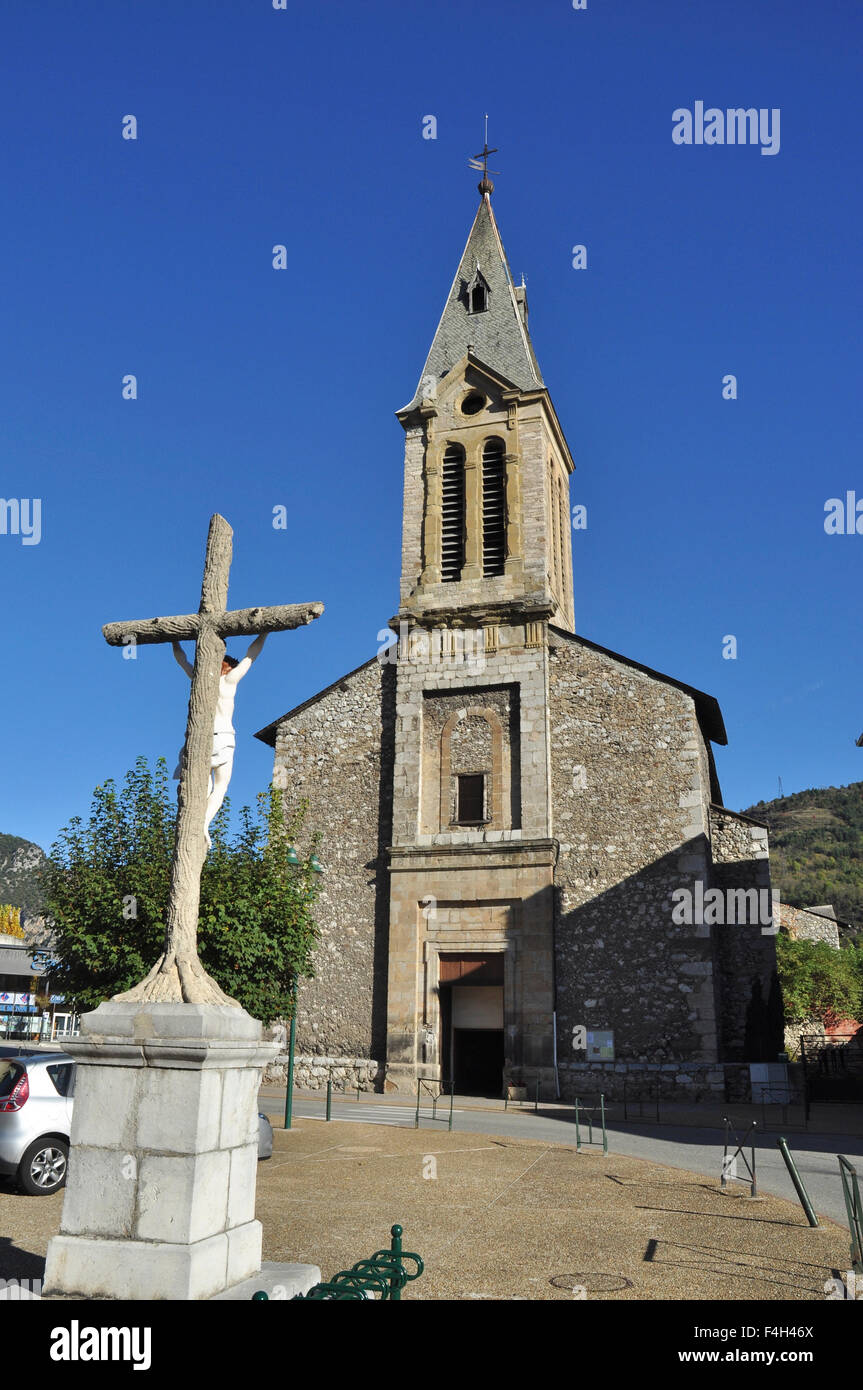 Church and Cross, Tarascon-sur-Ariege, Ariege, Midi-Pyrenees, France Stock Photo