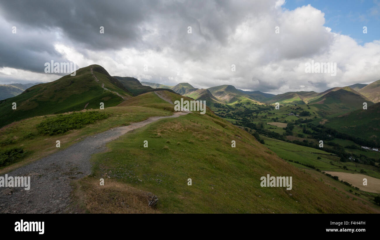 Footpath to Catbells summit overlooking the Newlands Valley in the northern Lake District National Park near Keswick, Cumbria, UK Stock Photo
