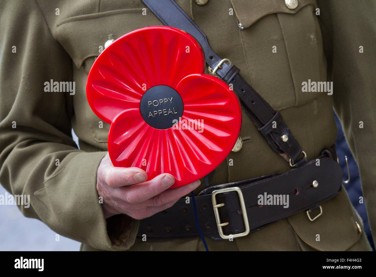 Ex-Army veteran holding large plastic poppy, UK uniformed military personnel 'Lest we Forget' collecting on the streets of Liverpool, Merseyside, UK Stock Photo