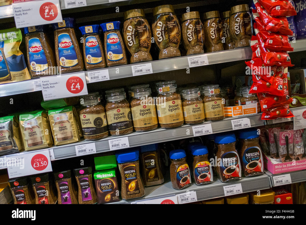 Supermarket jars of coffee for sale; Variety of Coffees for sale on supermarket shelf. Lancashire, UK Stock Photo