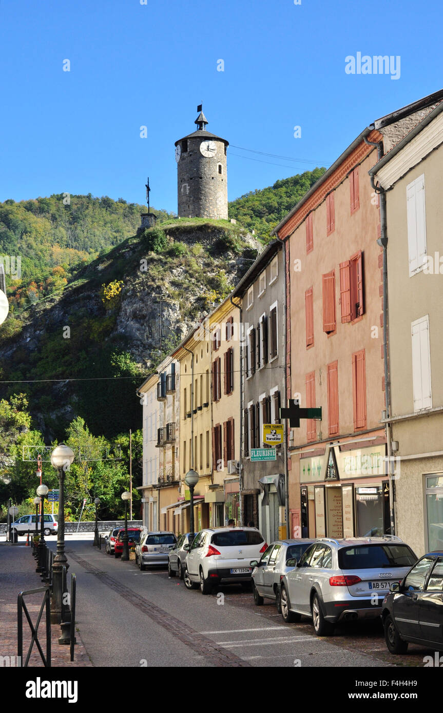 Tower, 'Tour du Castella', from street, Tarascon-sur-Ariege, Ariege, Midi-Pyrenees, France Stock Photo