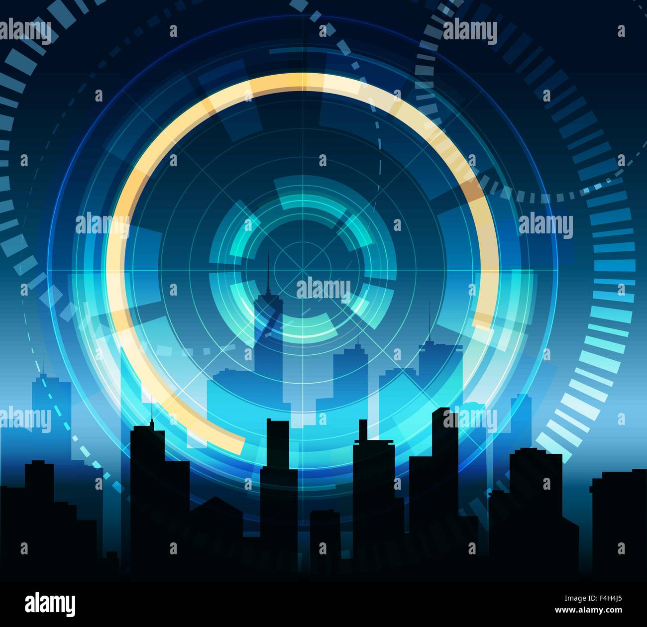 Futuristic background with hologram touch panel and modern city buildings. Stock Vector