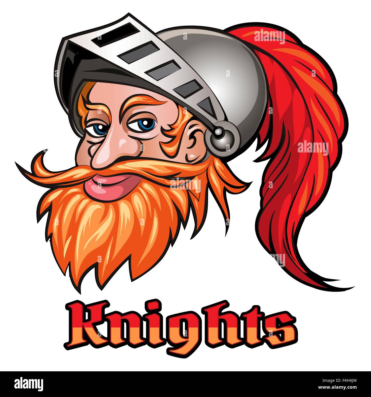 Knight head in helmet and wording Knights. Colorful illustration. Stock Vector