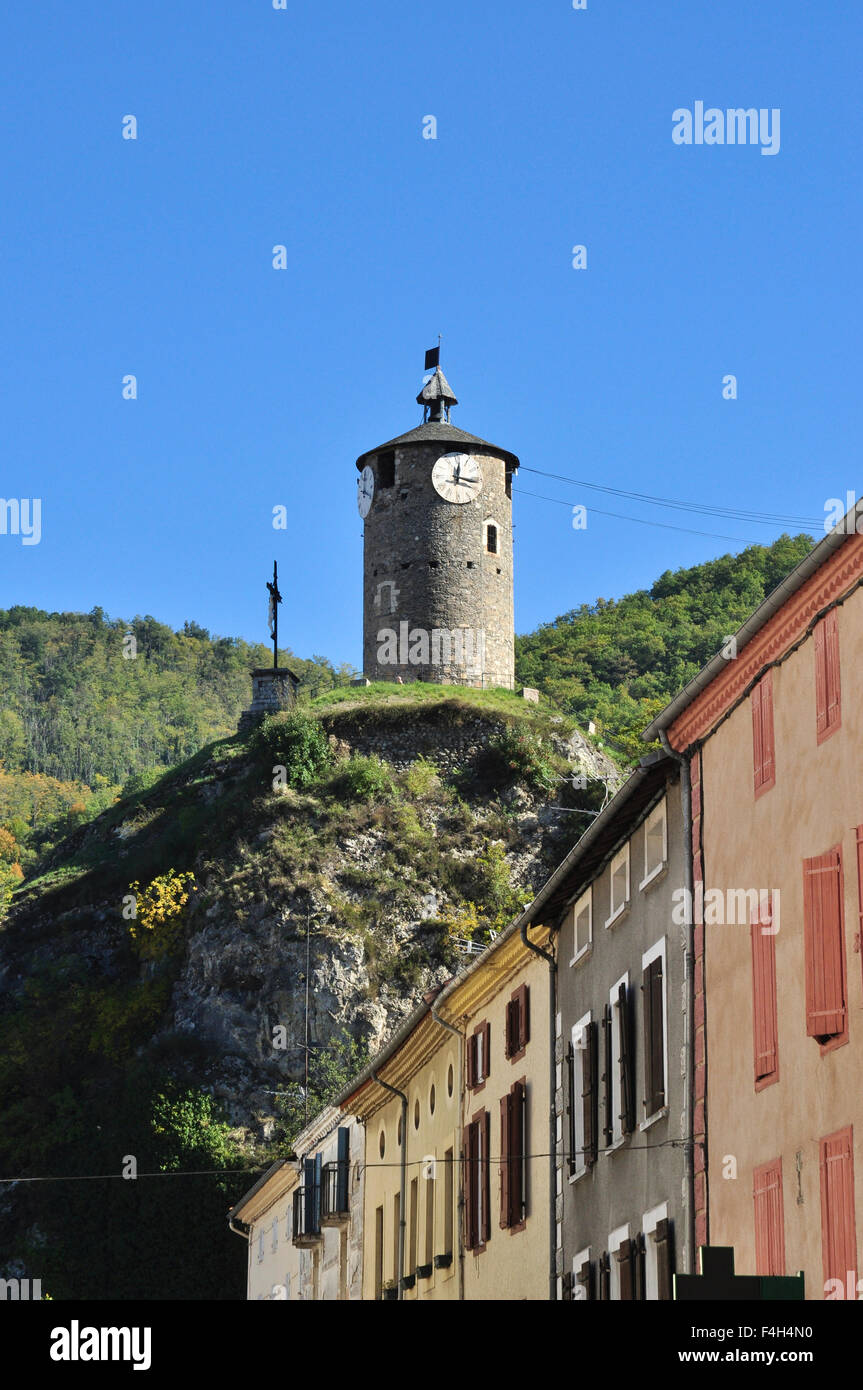 Tower, 'Tour du Castella', from street, Tarascon-sur-Ariege, Ariege, Midi-Pyrenees, France Stock Photo