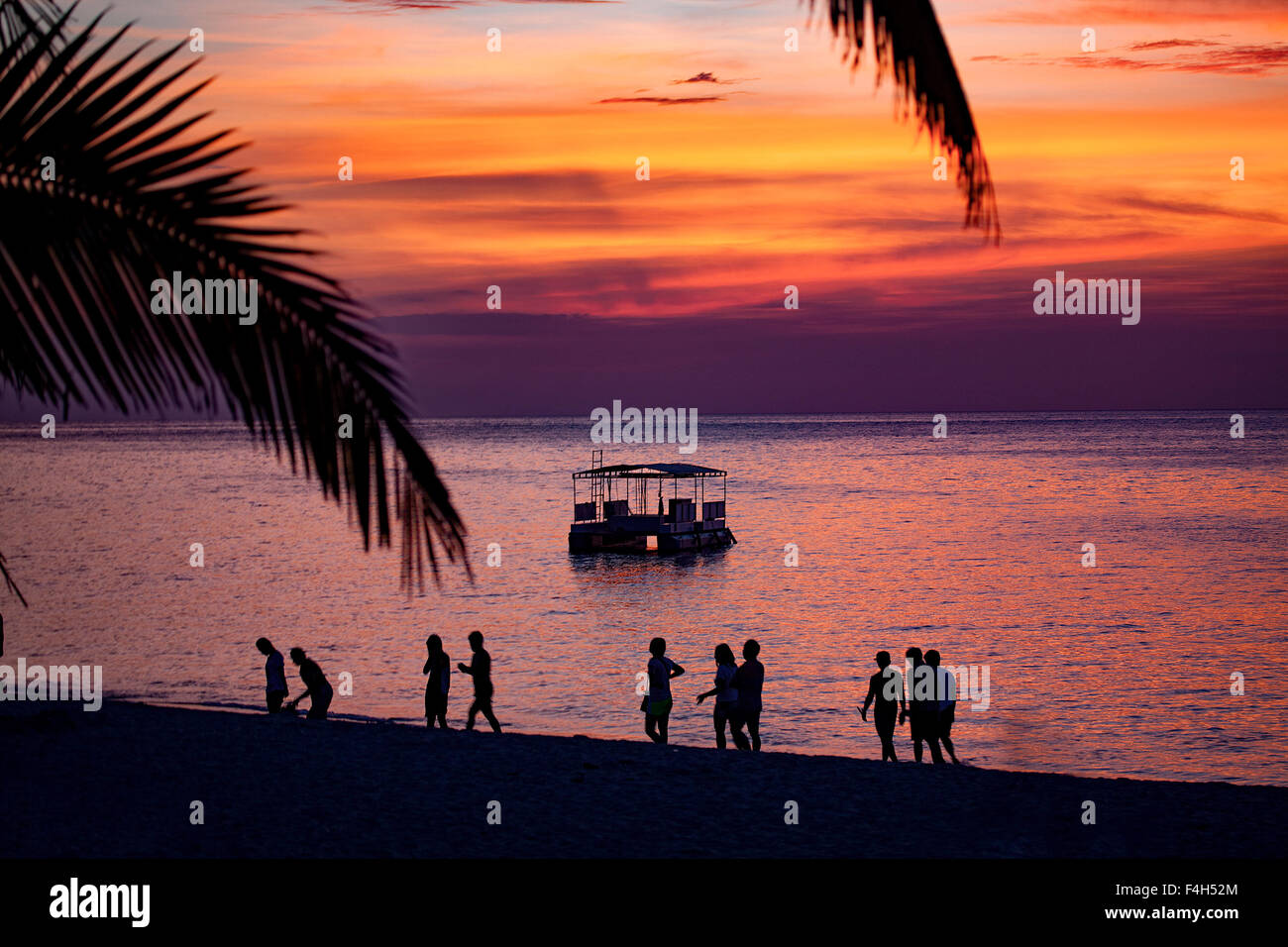 People walk on a beach at sunset. Stock Photo