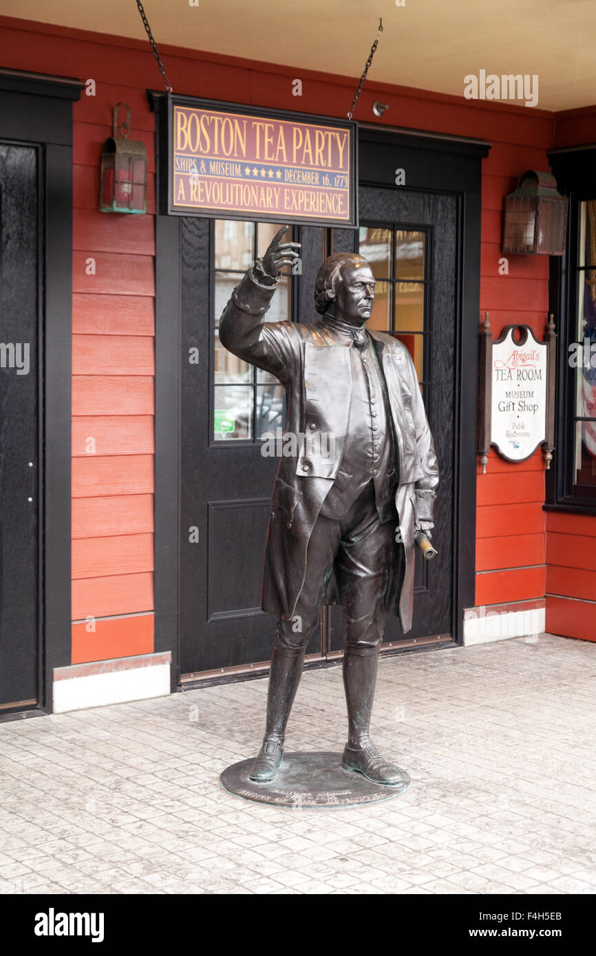 Statue of Samuel Adams outside the Boston Tea Party Ships & museum building, Boston, Massachusetts USA Stock Photo